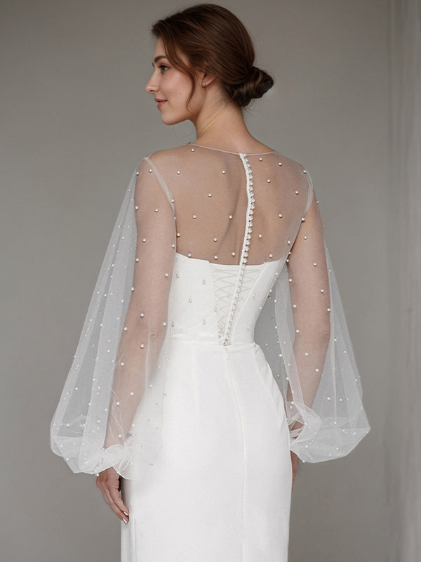 White Chiffon Sweetheart Neckline  Asymmetrical Length Formal Party Dress with Lace Sleeves