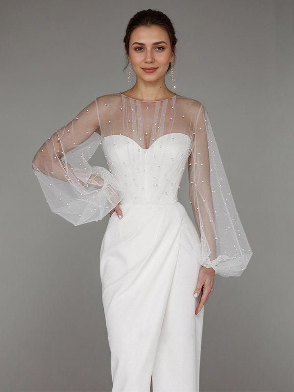 White Chiffon Sweetheart Neckline  Asymmetrical Length Formal Party Dress with Lace Sleeves