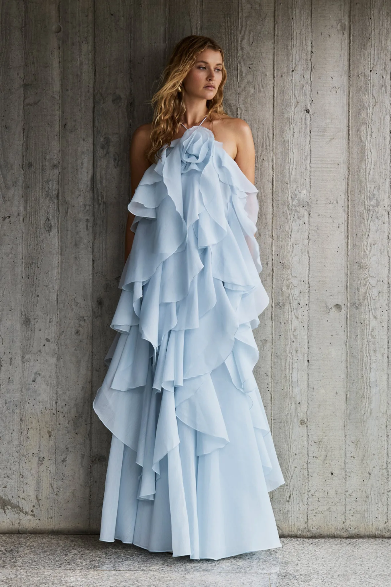 3D Flower Halter Neck Frill Maxi Dress