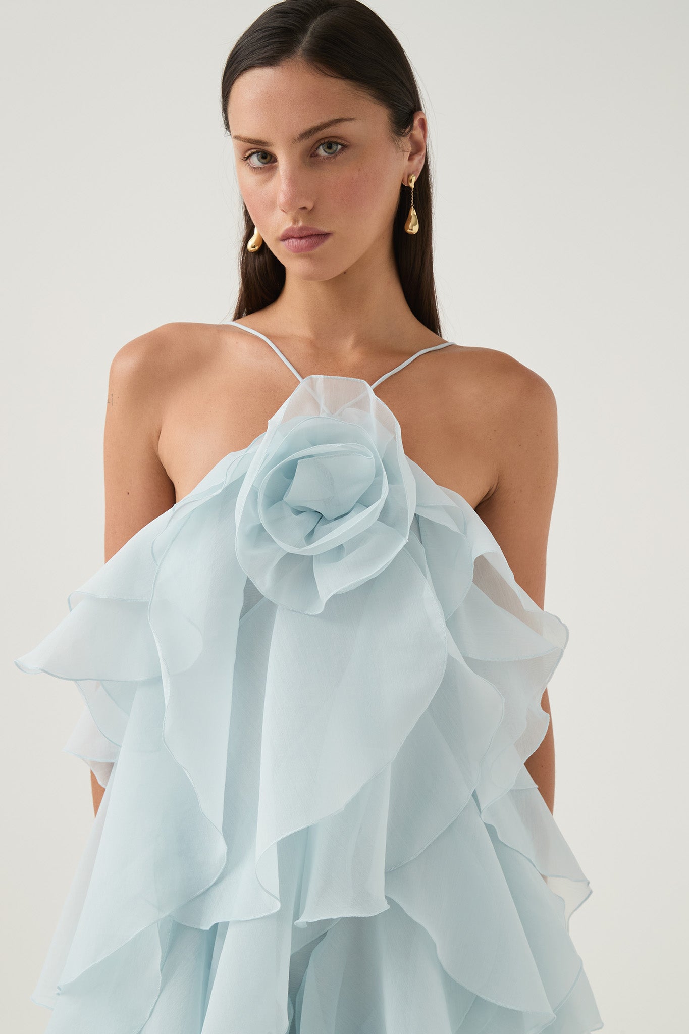 3D Flower Halter Neck Frill Maxi Dress