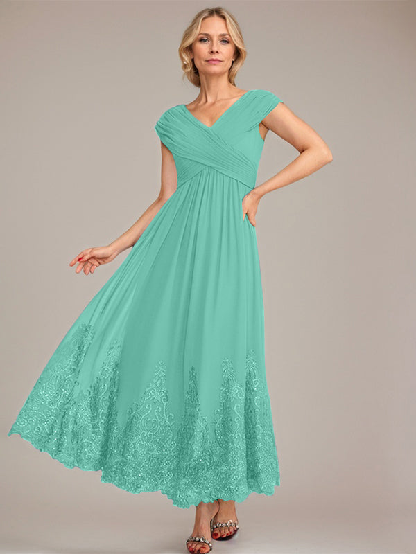 A-line V-Neck Ankle-Length Chiffon Mother of the Bride Dress With Applique Sequins