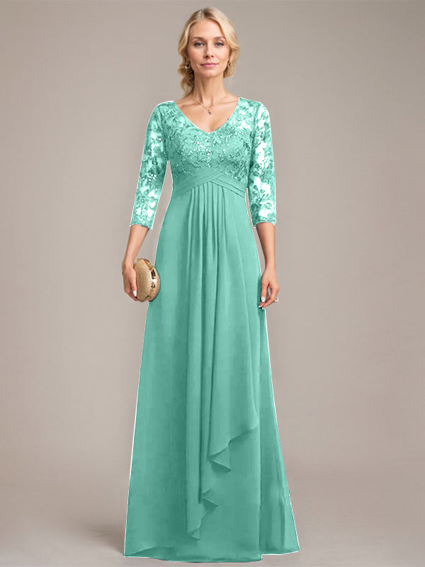 A-line V-Neck Floor-Length Lace Chiffon Mother of the Bride Dress With Cascading Ruffles Sequins