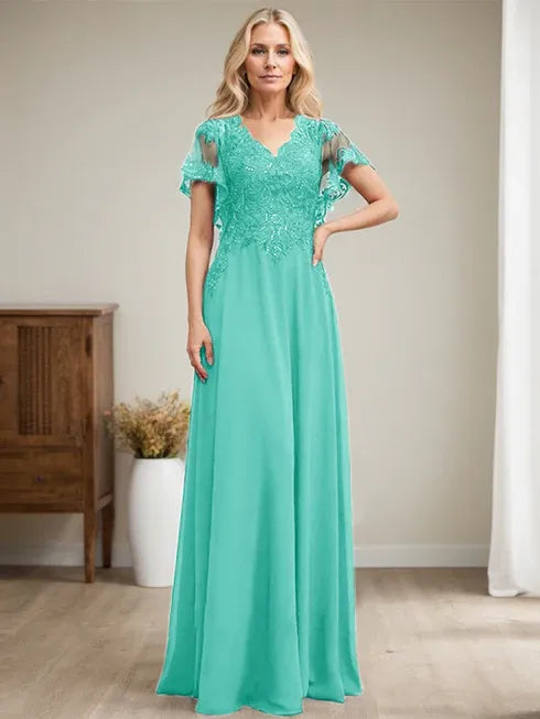 A-line V-Neck Floor-Length Lace Chiffon Mother of the Bride Dress With Sequins
