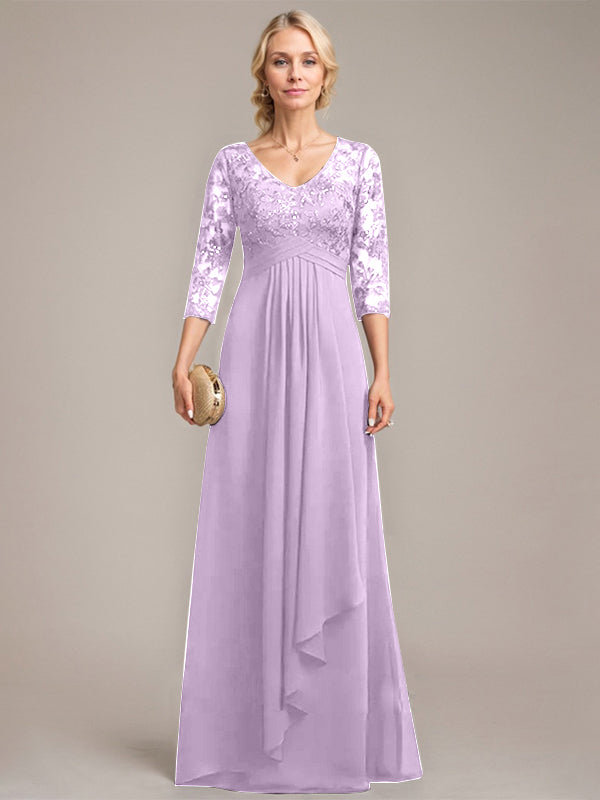 A-line V-Neck Floor-Length Lace Chiffon Mother of the Bride Dress With Cascading Ruffles Sequins