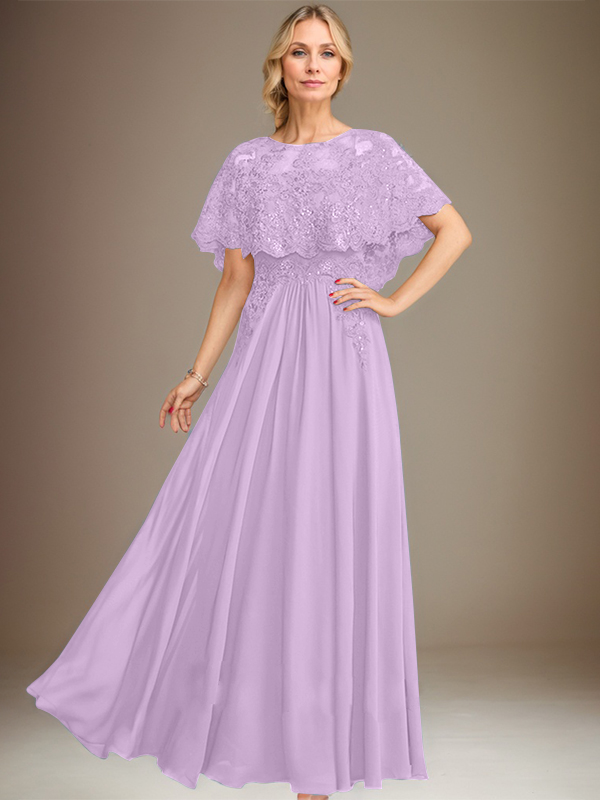 A-line Boat Neck Floor-Length Lace Chiffon Mother of the Bride Dress With Applique Sequins
