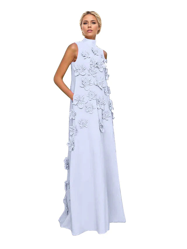 A Line High Neck Sleeveless Floor Length Stretch Crepe Dress With 3D Flowers