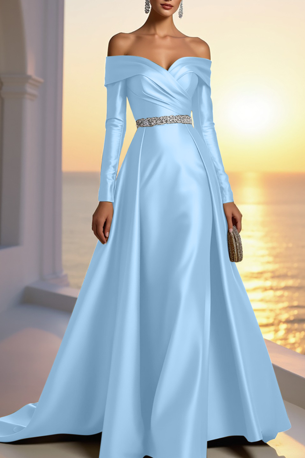 Formal Gold Satin Dress Off The Shoulder Long Sleeve Maxi Gown