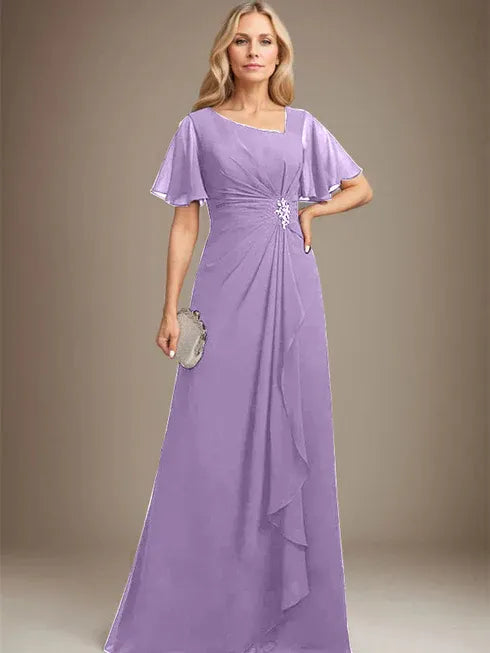 A-line Asymmetrical Floor-Length Chiffon Mother of the Bride Dress With Pleated Beading Sequins