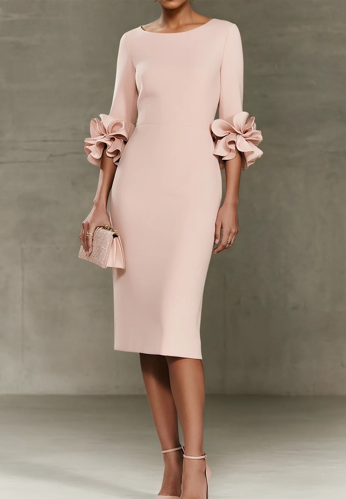 Classic Crew Neck 3d Floral Ruffle Sleeve Sheath Midi Dress