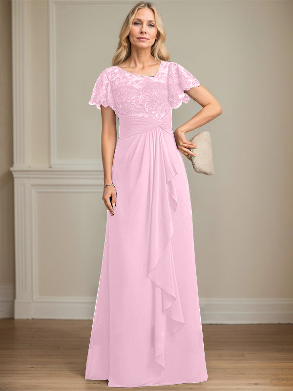 A-line Asymmetrical Illusion Floor-Length Lace Chiffon Mother of the Bride Dress With Cascading Ruffles Sequins
