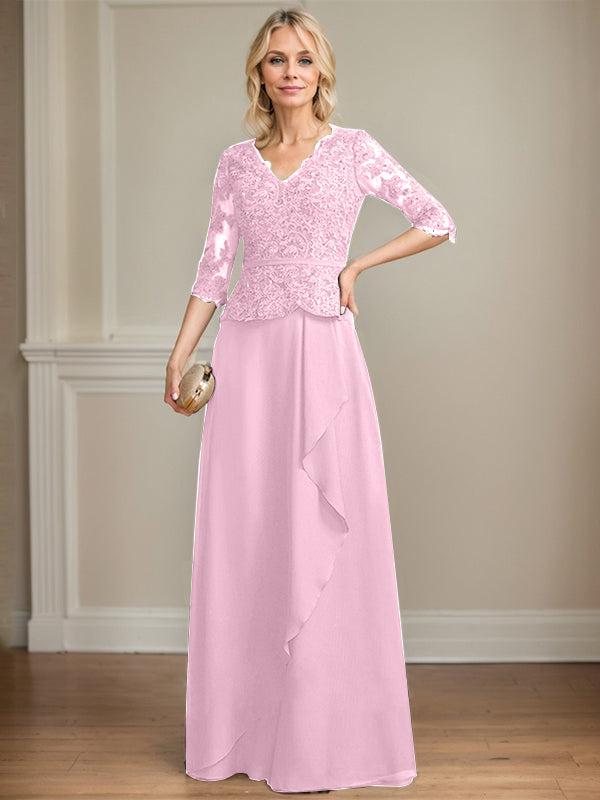 A-line V-Neck Floor-Length Lace Chiffon Mother of the Bride Dress With Cascading Ruffles Sequins