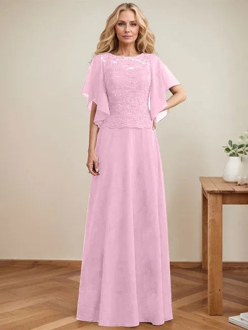 A-line Scoop Illusion Floor-Length Lace Chiffon Mother of the Bride Dress With Sequins