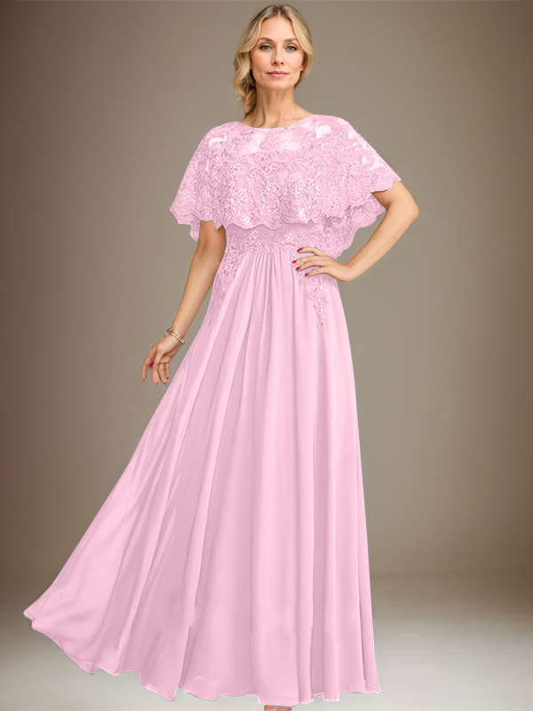 A-line Boat Neck Floor-Length Lace Chiffon Mother of the Bride Dress With Applique Sequins