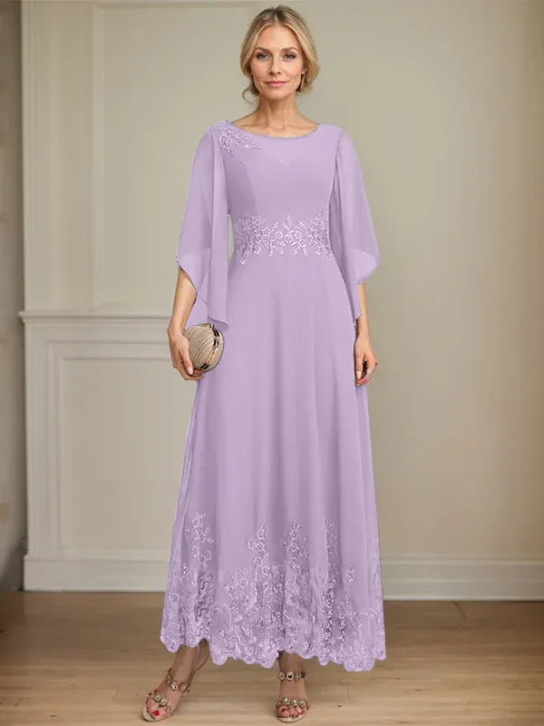 A-line Scoop Illusion Ankle-Length Lace Chiffon Mother of the Bride Dress With Sequins