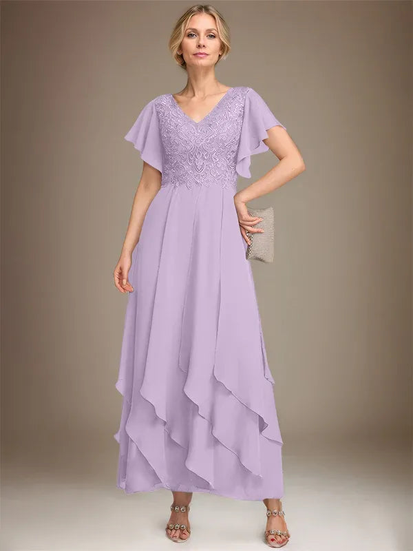A-line V-Neck Ankle-Length Lace Chiffon Mother of the Bride Dress With Cascading Ruffles
