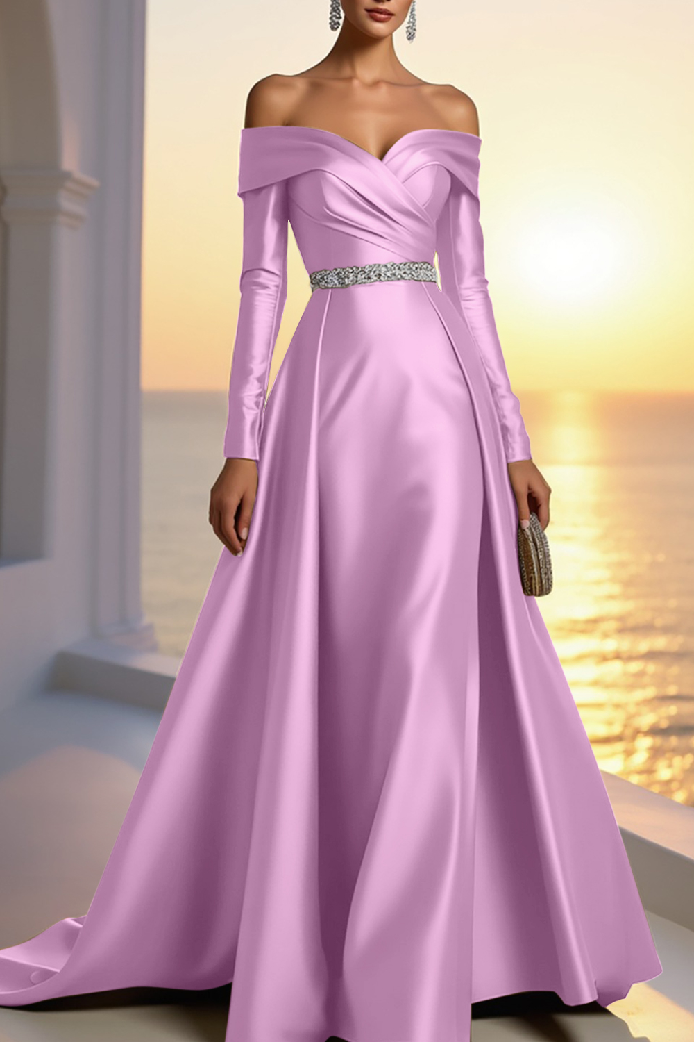Formal Gold Satin Dress Off The Shoulder Long Sleeve Maxi Gown