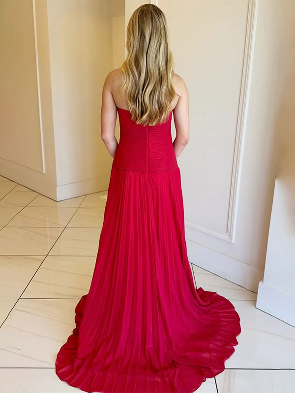 Yellow A Line Strapless Sweetheart Pleated Prom Dress with High Slit