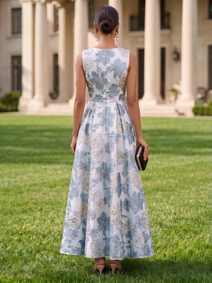 Scoop Neck Sleeveless Pleated Jacquard Ankle-Length Evening Gown