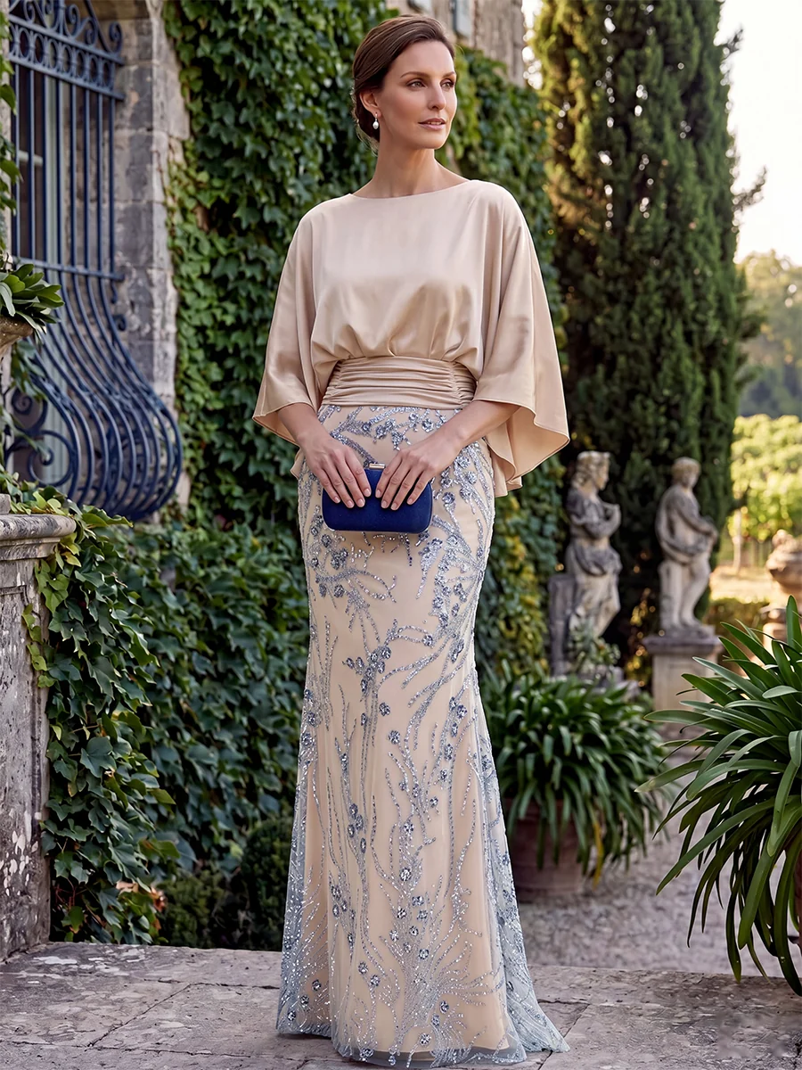 Scoop Neck Half Sleeve Satin and Sheath Long Evening Gown