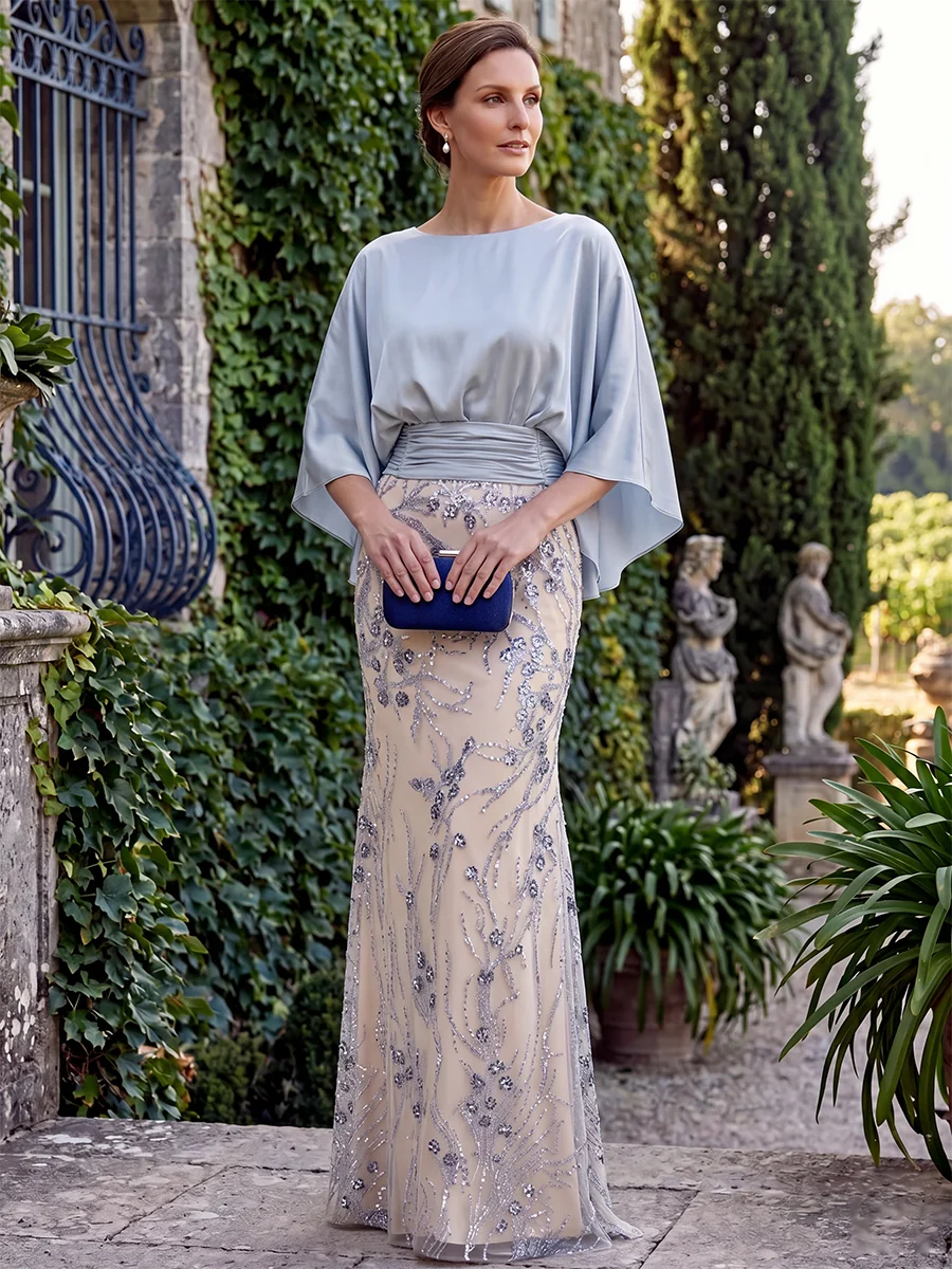 Scoop Neck Half Sleeve Satin and Sheath Long Evening Gown
