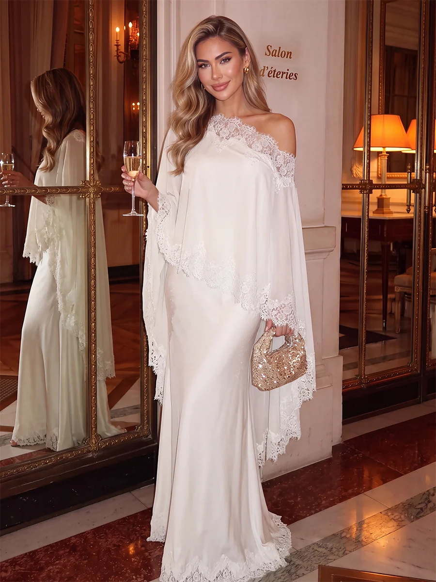 One-Shoulder Long Sleeve Lace Satin Floor-Length Evening Gown