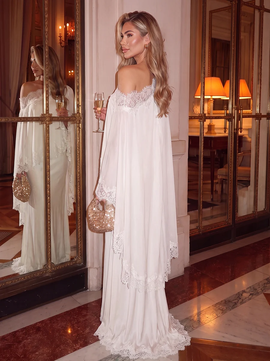 One-Shoulder Long Sleeve Lace Satin Floor-Length Evening Gown
