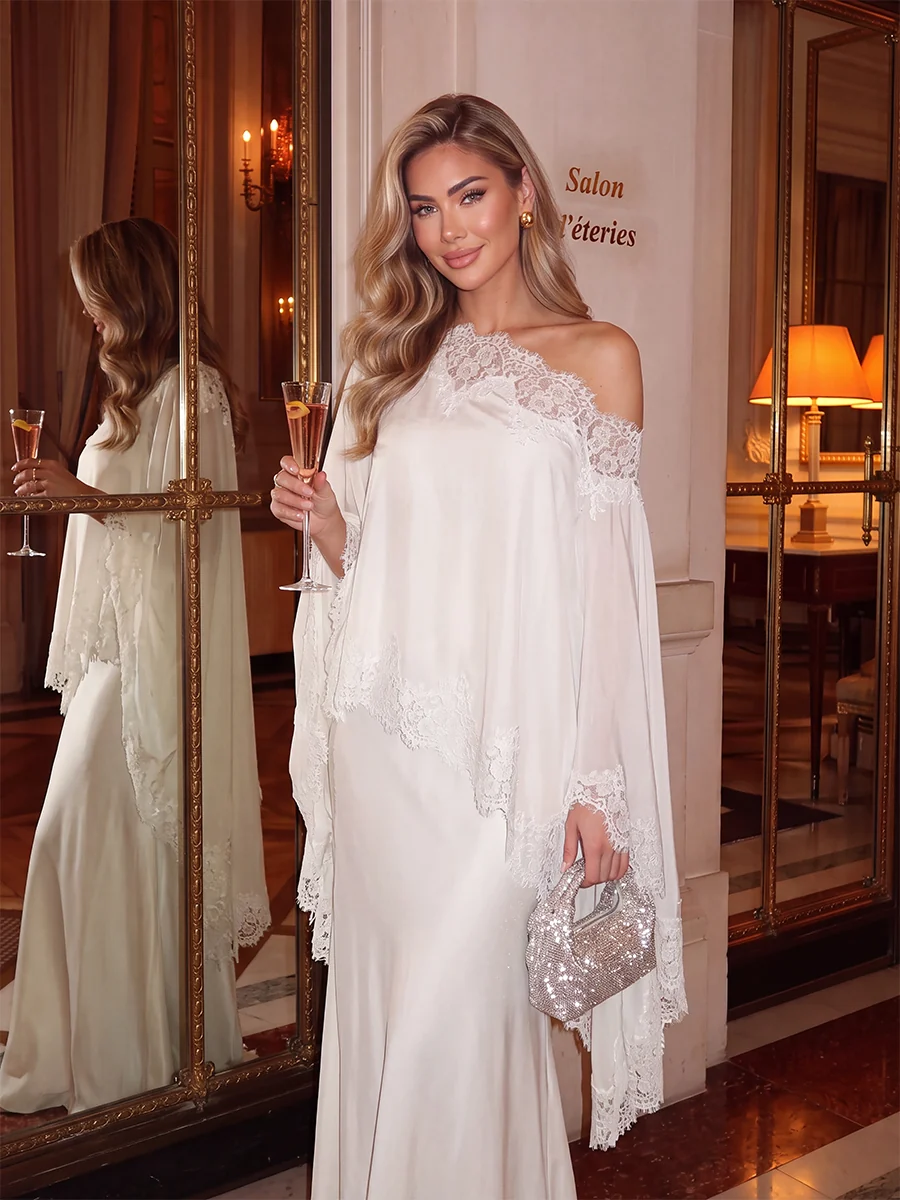 One-Shoulder Long Sleeve Lace Satin Floor-Length Evening Gown