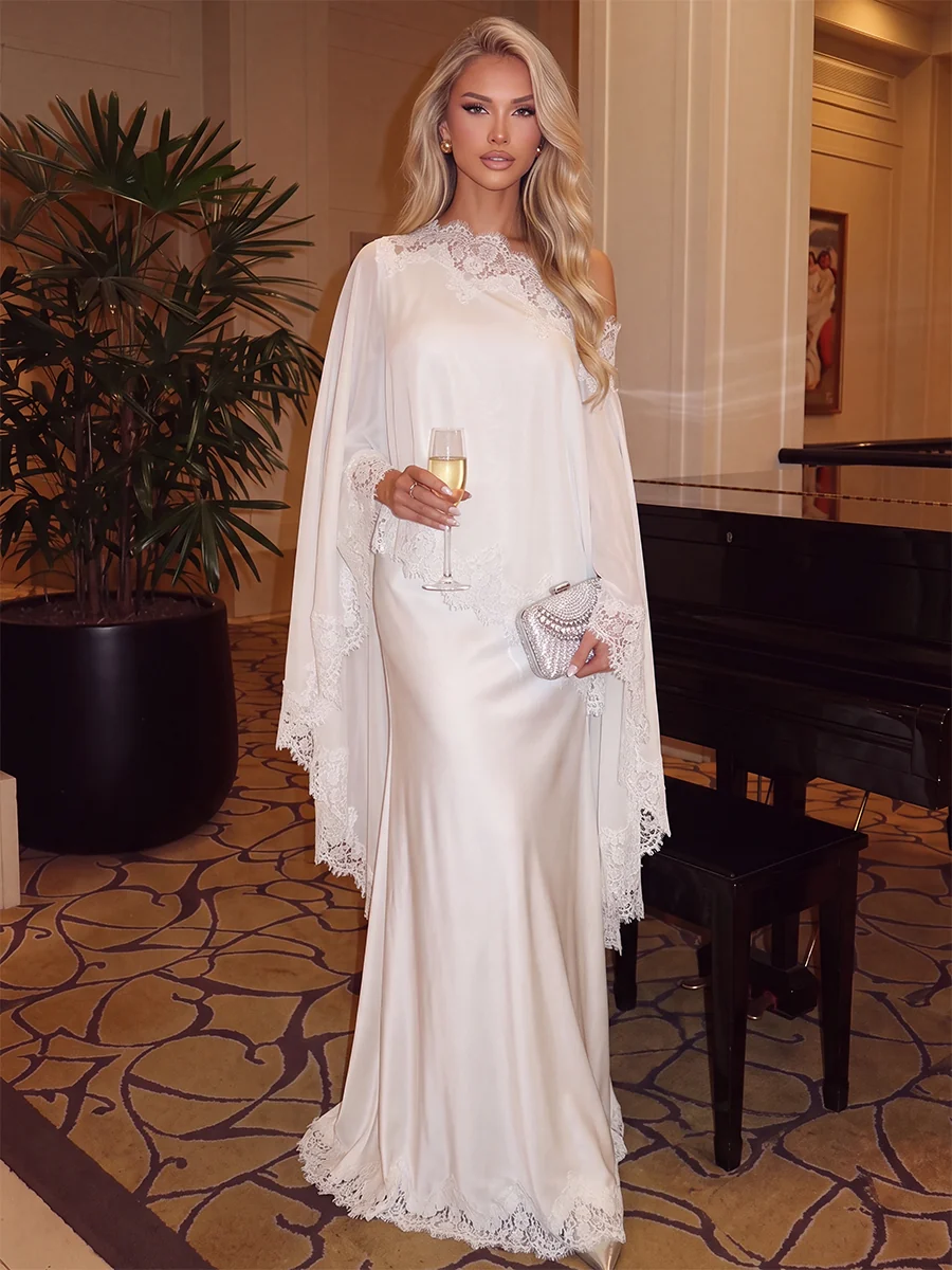 One-Shoulder Long Sleeve Lace Satin Floor-Length Evening Gown