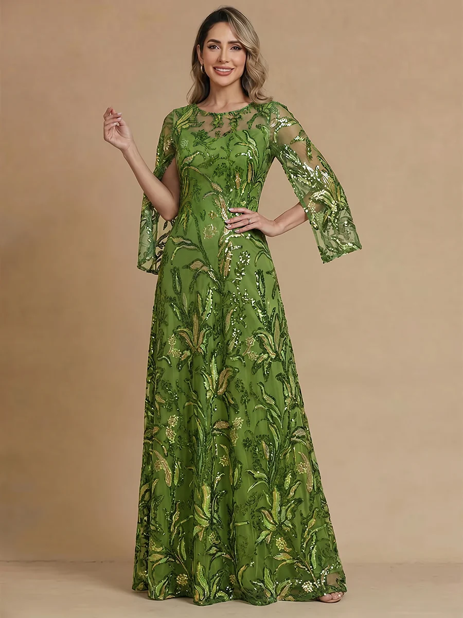 Long Sleeve Sequin Embroidered Evening Gown