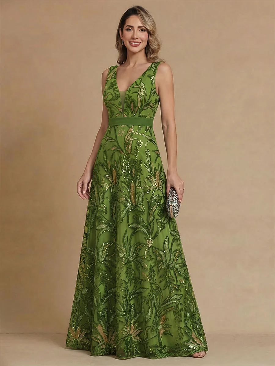 V-Neck Sequin Leaf Embroidered Evening Gown