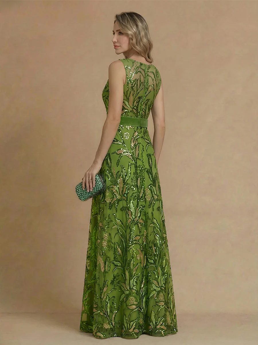 V-Neck Sequin Leaf Embroidered Evening Gown