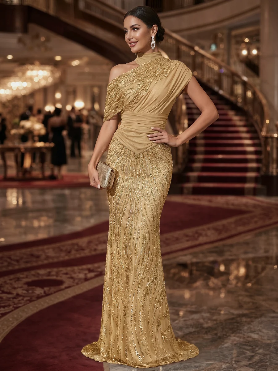 One-Shoulder Draped Sequin Evening Gown