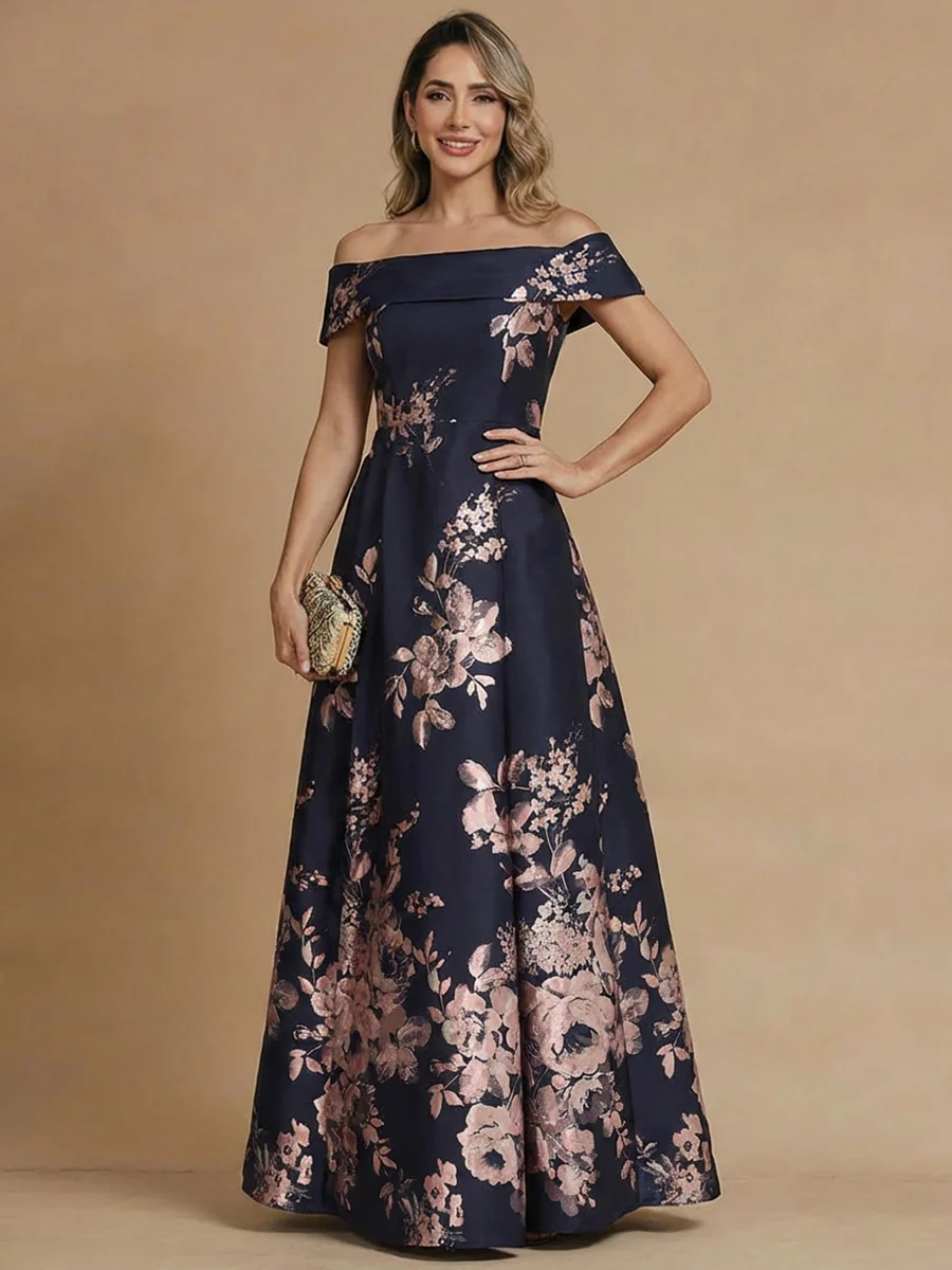 Off-the-Shoulder Floral Printed Satin Floor-Length Evening Gown