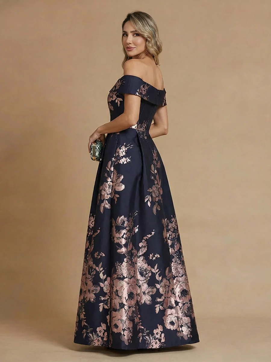 Off-the-Shoulder Floral Printed Satin Floor-Length Evening Gown