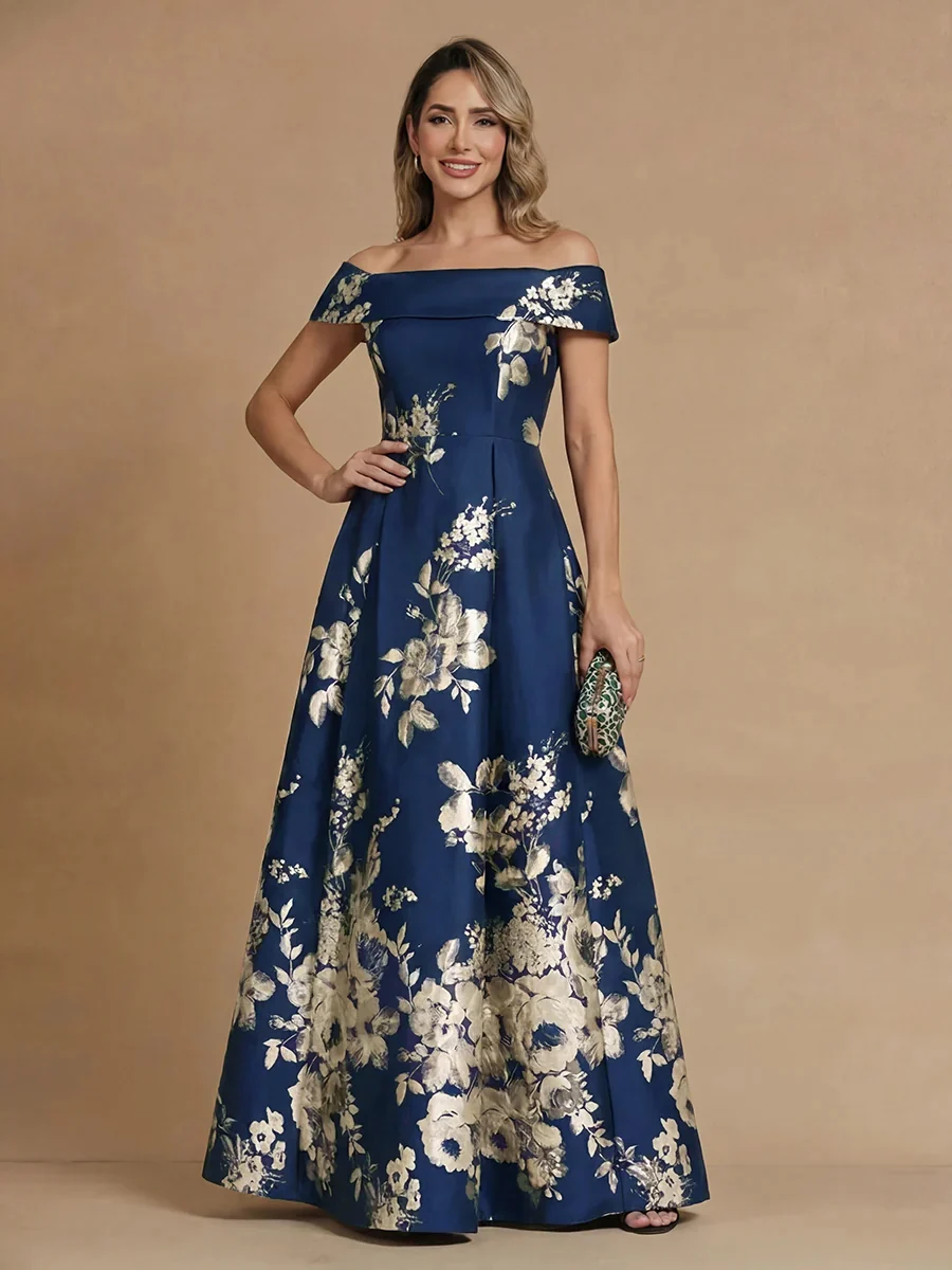 Off-the-Shoulder Floral Printed Satin Floor-Length Evening Gown