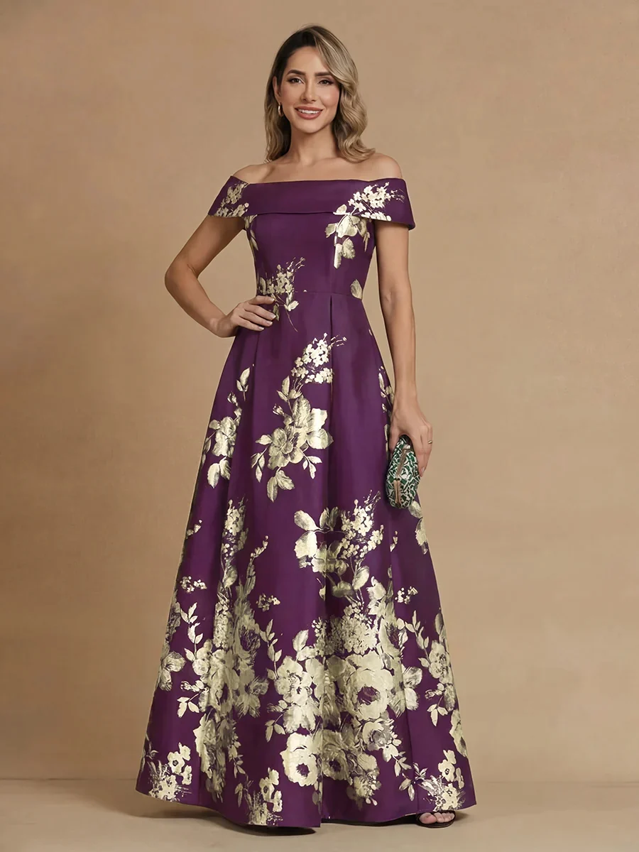 Off-the-Shoulder Floral Printed Satin Floor-Length Evening Gown