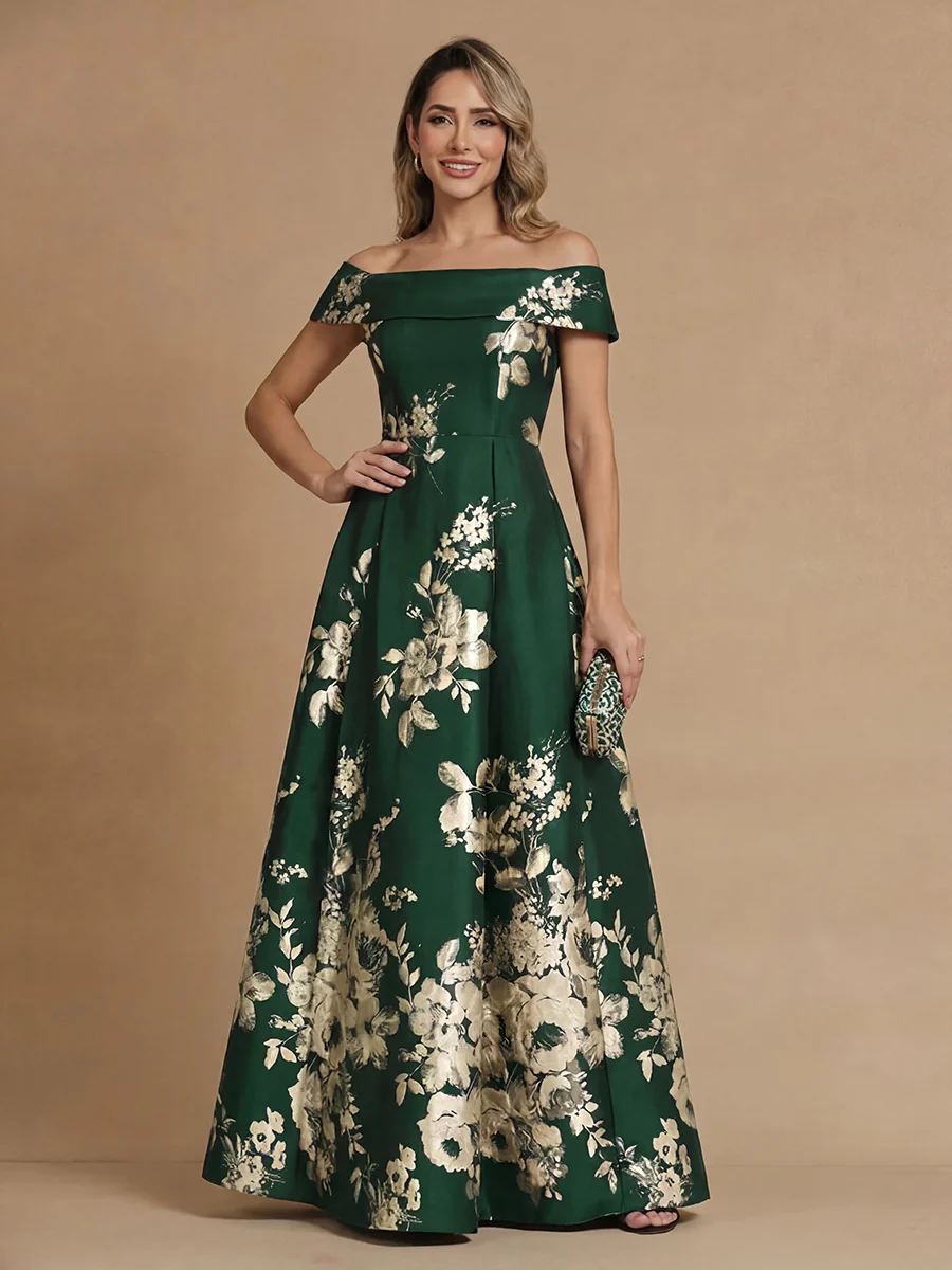Off-the-Shoulder Floral Printed Satin Floor-Length Evening Gown