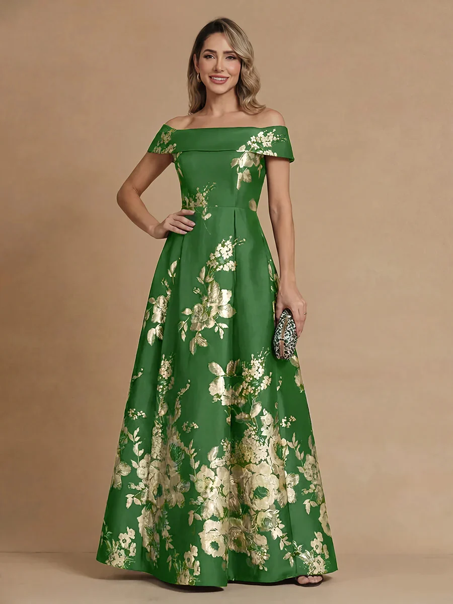 Off-the-Shoulder Floral Printed Satin Floor-Length Evening Gown