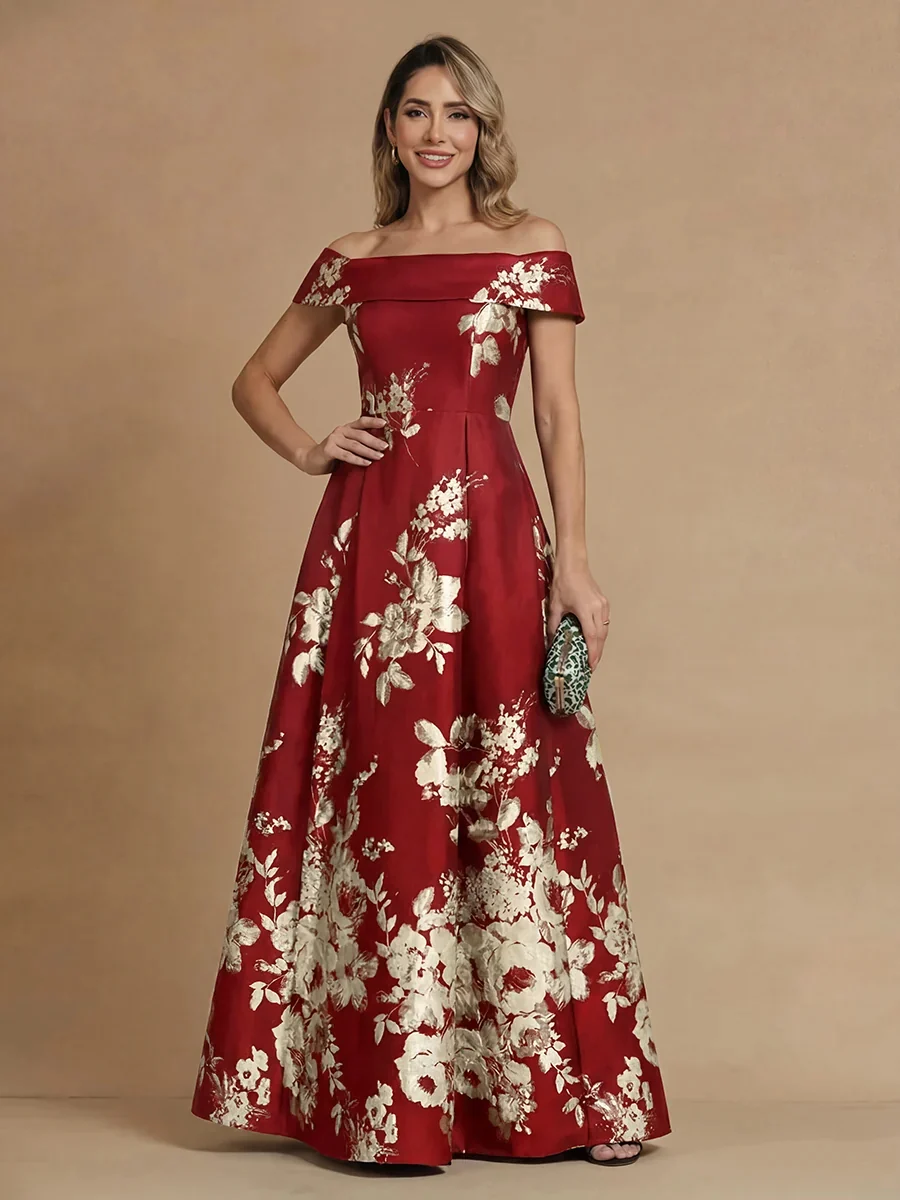 Off-the-Shoulder Floral Printed Satin Floor-Length Evening Gown