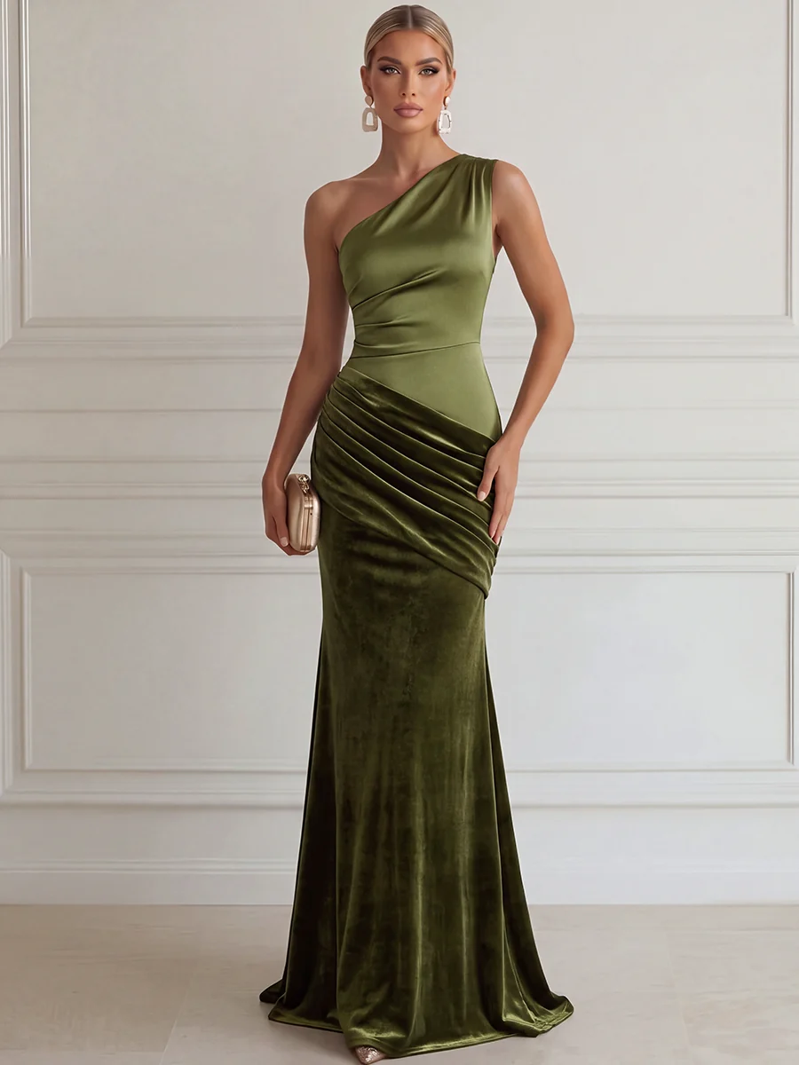 One Shoulder Draped Velvet Evening Gown