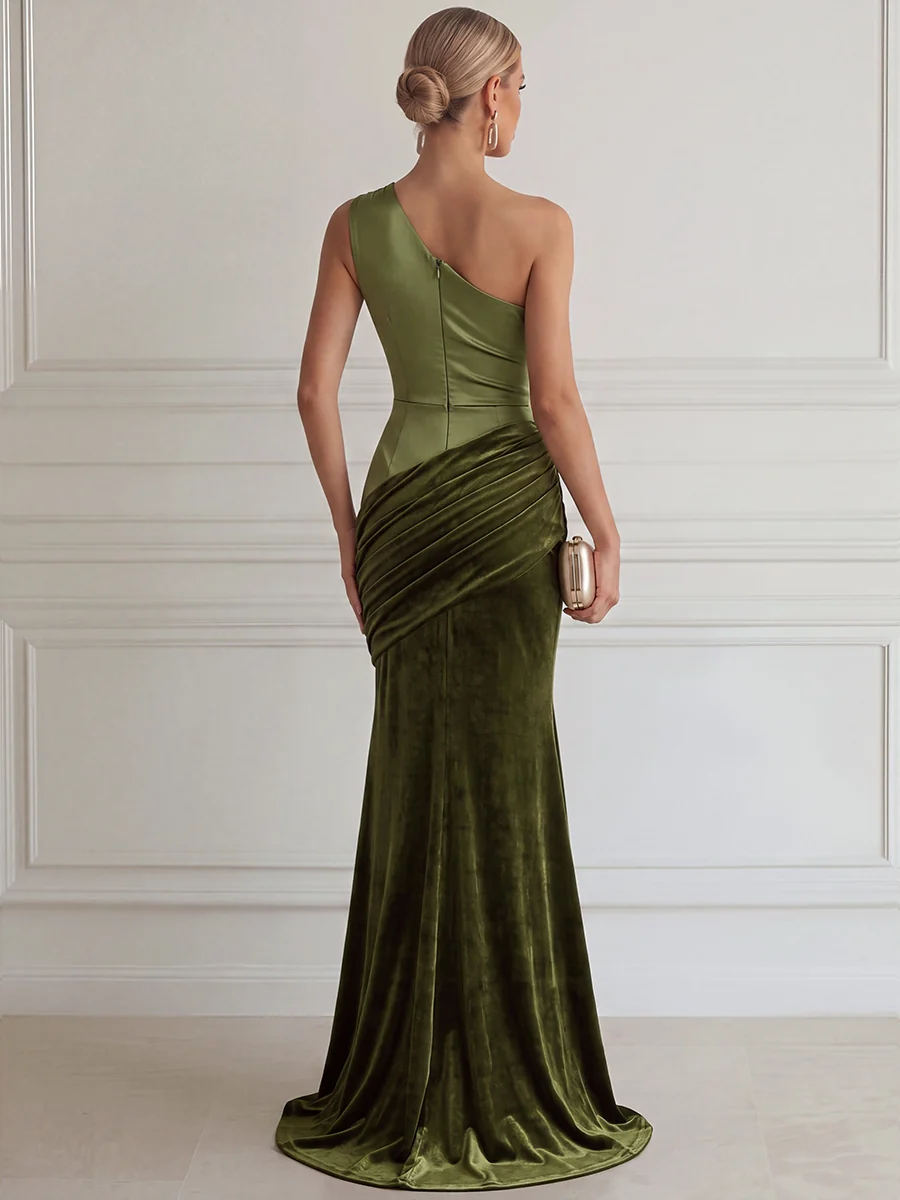 One Shoulder Draped Velvet Evening Gown