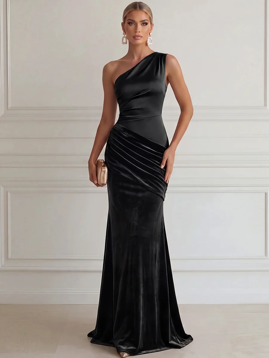 One Shoulder Draped Velvet Evening Gown