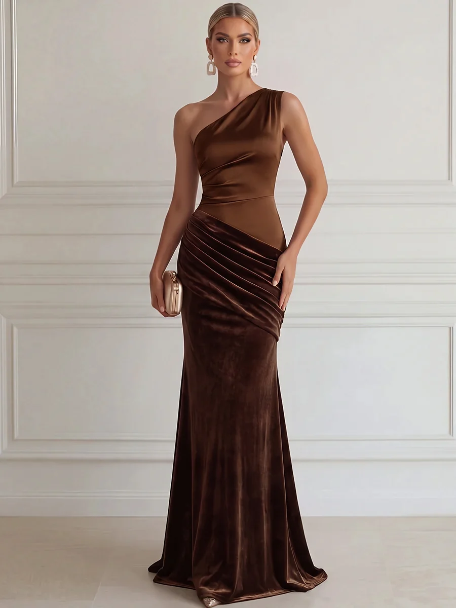 One Shoulder Draped Velvet Evening Gown