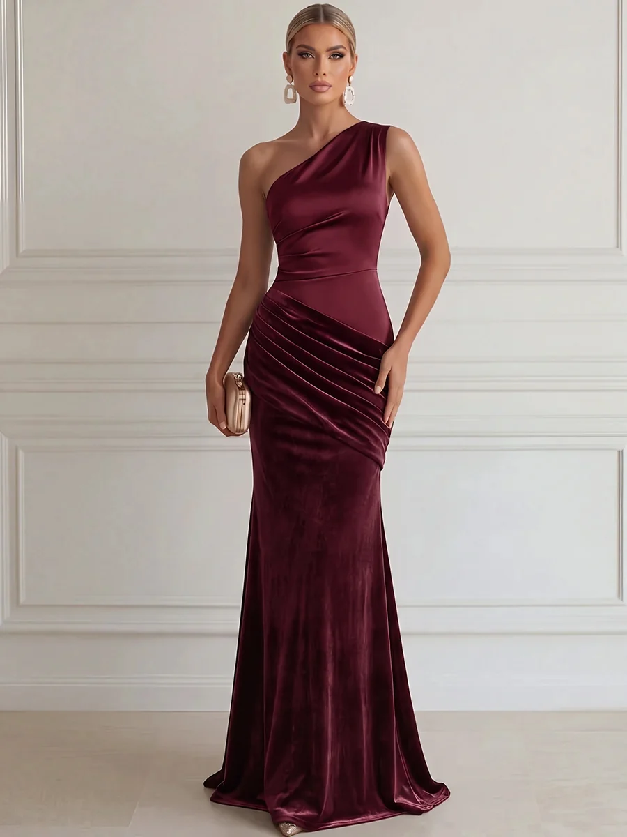 One Shoulder Draped Velvet Evening Gown