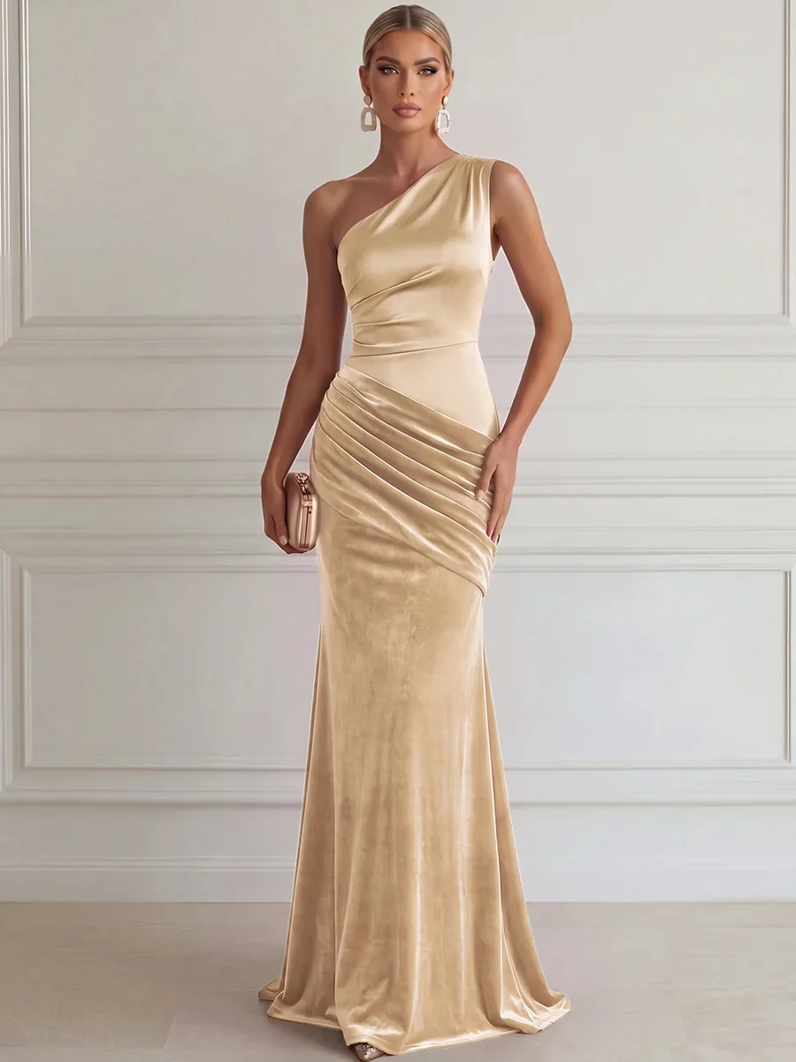 One Shoulder Draped Velvet Evening Gown