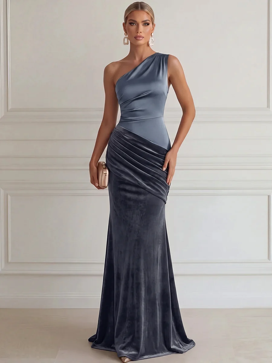 One Shoulder Draped Velvet Evening Gown