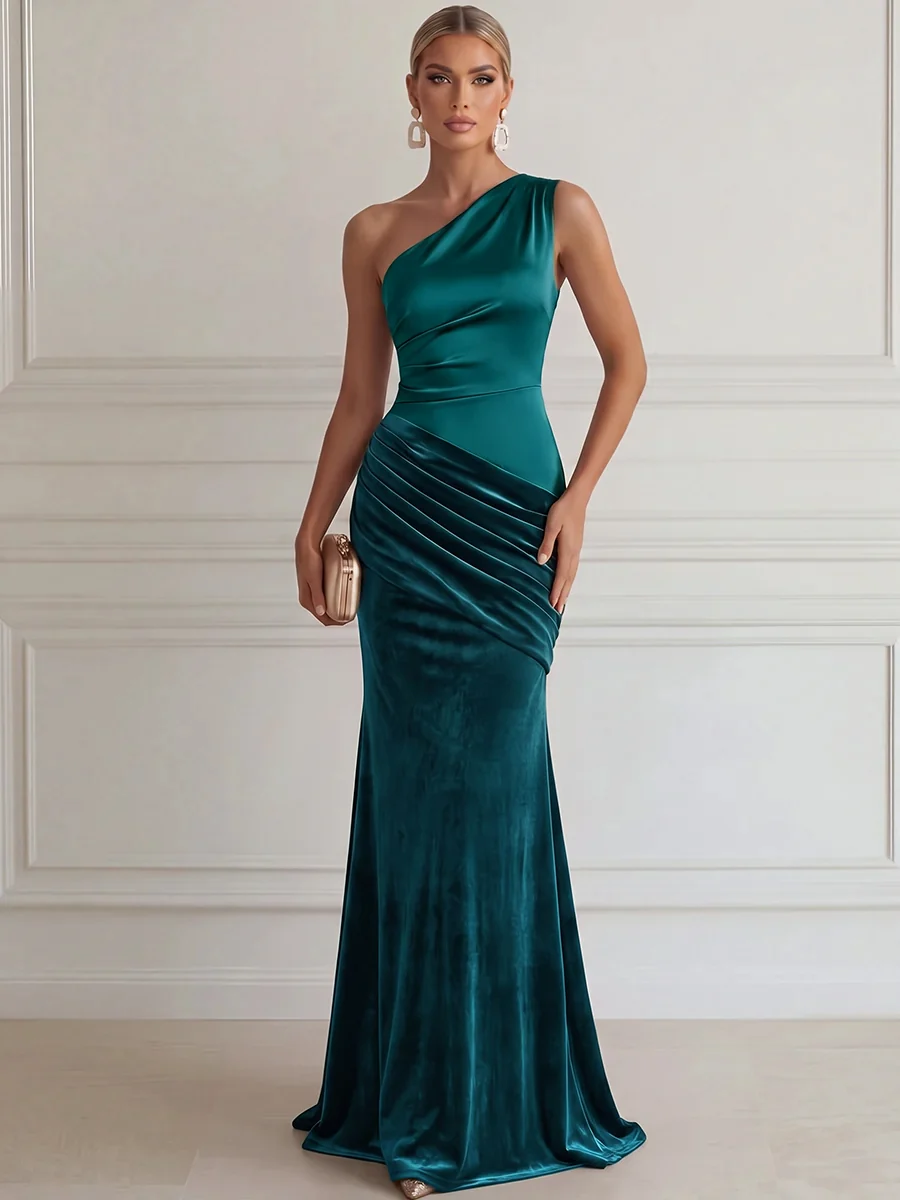 One Shoulder Draped Velvet Evening Gown