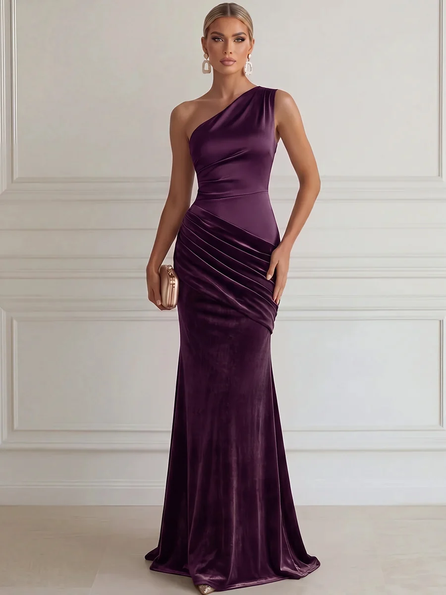 One Shoulder Draped Velvet Evening Gown
