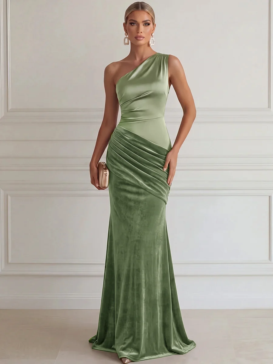 One Shoulder Draped Velvet Evening Gown