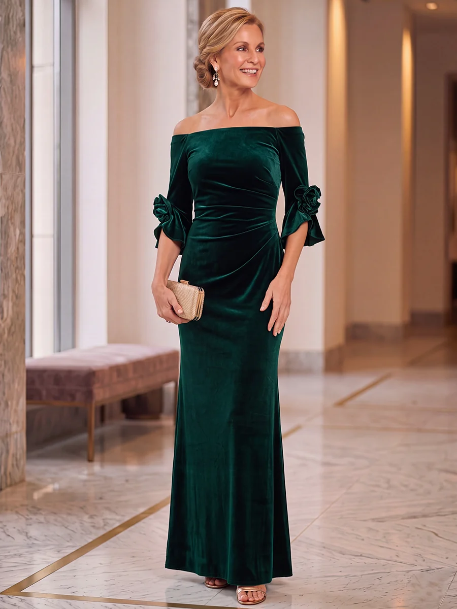 Off-Shoulder Pleated Velvet Floor-Length Evening Gown